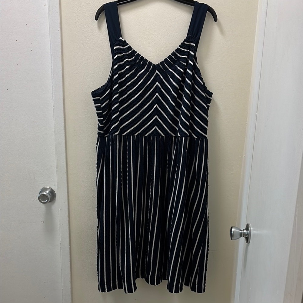 LOFT Navy Blue and White Textured Sundress